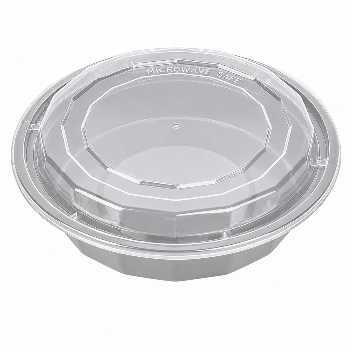 Boxes, To-Go, Asporto 24 Ounce, Microwavable Plastic, Silver, 7.25 x 7.25 x 1.50 Inch, Includes Clear Plastic Lid, Round,2 - 50 COUNT