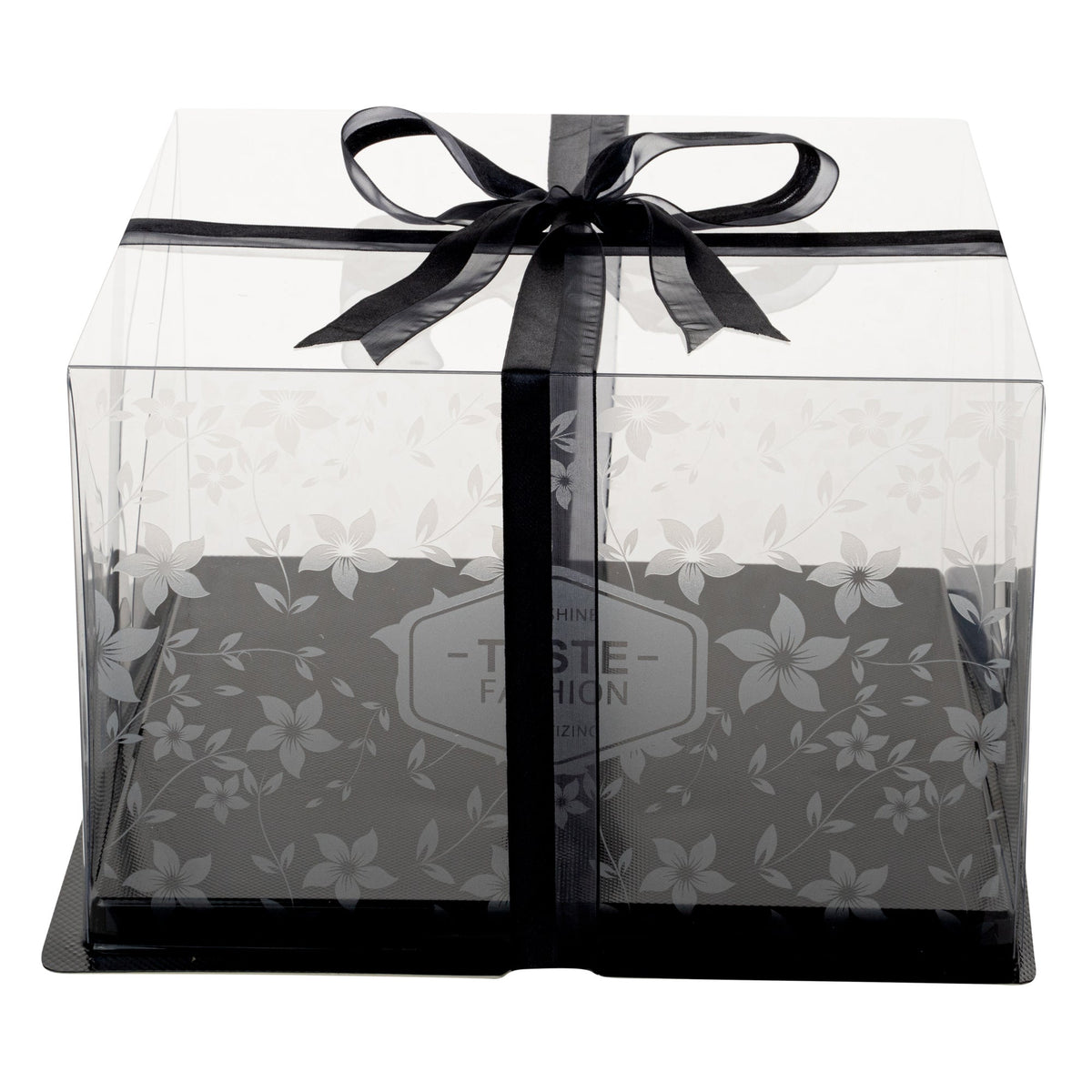 Boxes, Cake, 10 x 10 x 6.75 Inch, Square, Clear Plastic, Black Base, Black Ribbon, Flower Garden Design,1 - 10 COUNT
