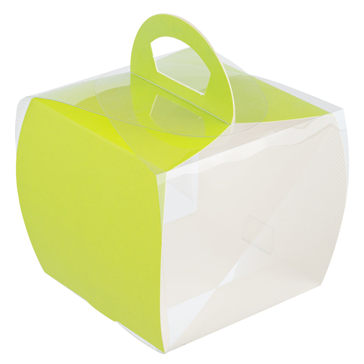 Boxes, Cupcake, 4 x 4 x 4.25 Inch, Plastic with Paper Wrap, Clear & Yellow, Square, with Handle & Geometric Line Accent,1 - 100 COUNT