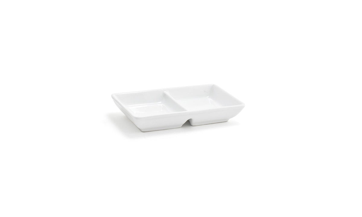 Dishes, 2 Compartment, 2 Ounce, White, Porcelain, 2.75 x 4.75 Inch, Rectangular, Stackable,12 - 1 COUNT