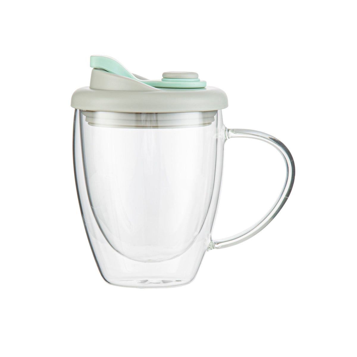 Mugs, Travel, 12 Ounce, Glass, Double Wall, with Handle & Gray and Green Lid,10 - 1 COUNT