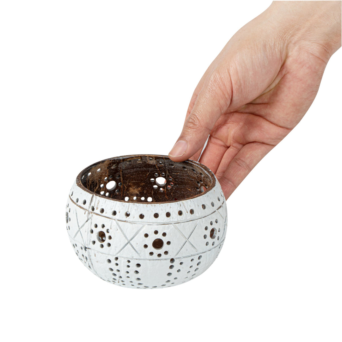 Holders, Candle, Coco Casa, 4 x 4 x 3.25 Inch, Coconut Shell, White, Sun & Light Pattern,1 - 1 EACH
