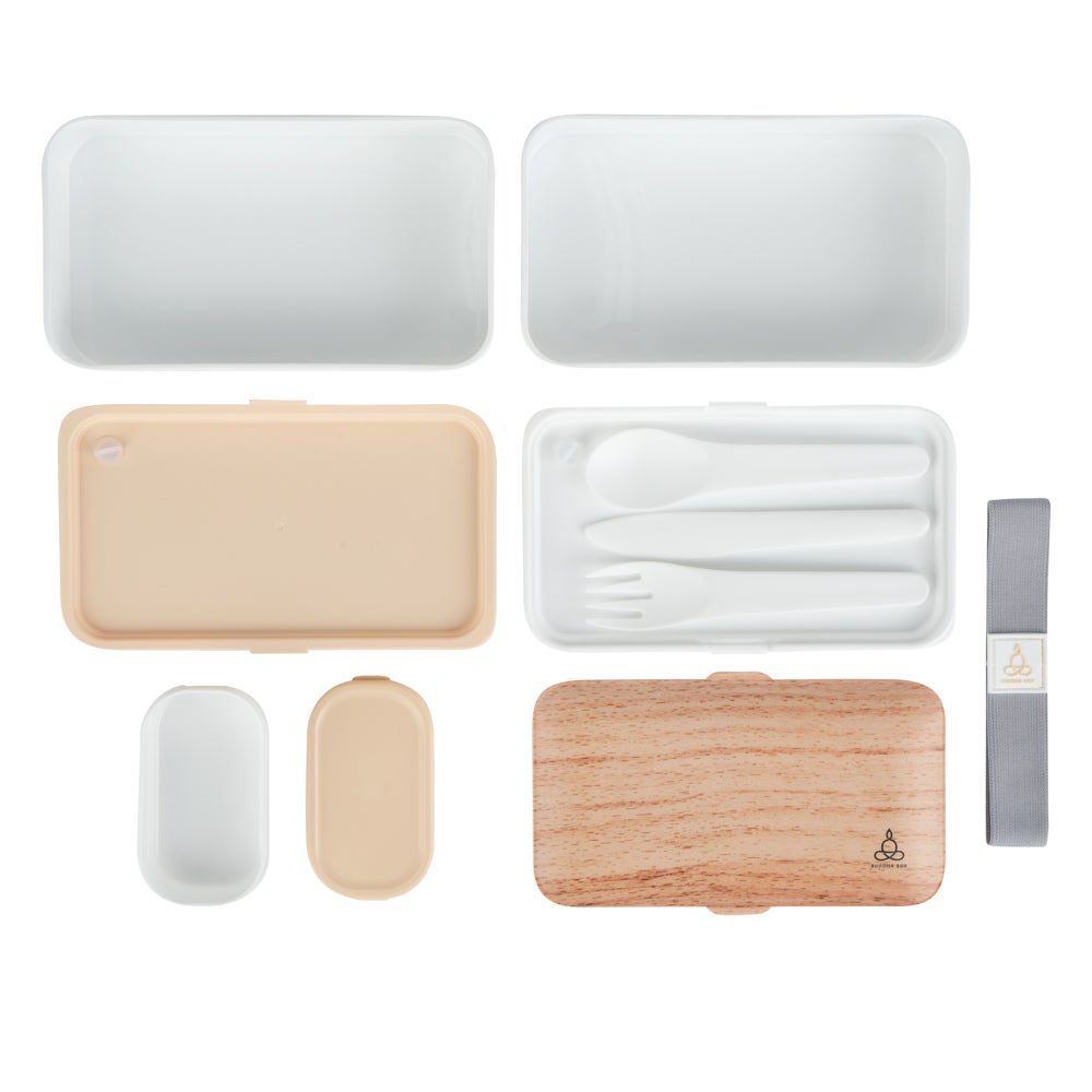 Box, Lunch, Bento Tek 41 Ounce, Plastic, Wood Grain & White, 7.25 x 4.25 x 4 Inch, with Utensils & Sauce Cup,1 - 1 EACH