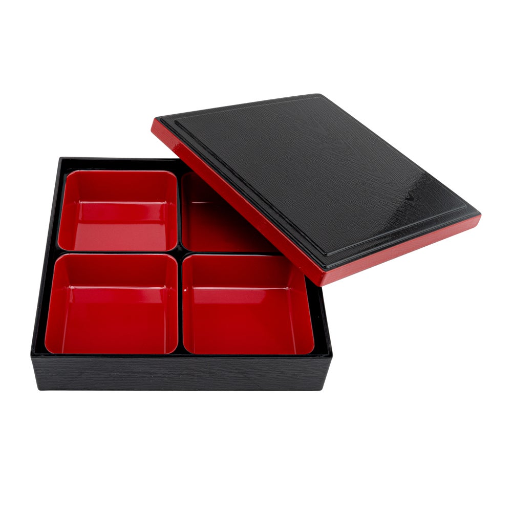 Box, Japanese Style Bento 4-Compartment, 10 x 10 x 2.25 Inch, Plastic, Black & Red, ABS,1 - 1 EACH