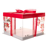 Boxes, Cake, 8.5 x 8.5 x 6.75 Inch, Square, Clear Plastic, White Base, Red Lid, Red Ribbon, Flower & Bird Accent,1 - 10 COUNT