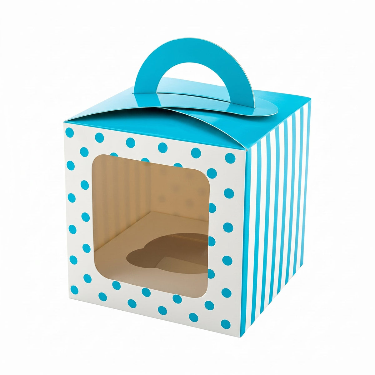 Boxes, Cupcake, 4.5 Inch, Paper, Teal Polka Dot, Square, with Transparent Window & Handle,1 - 100 COUNT
