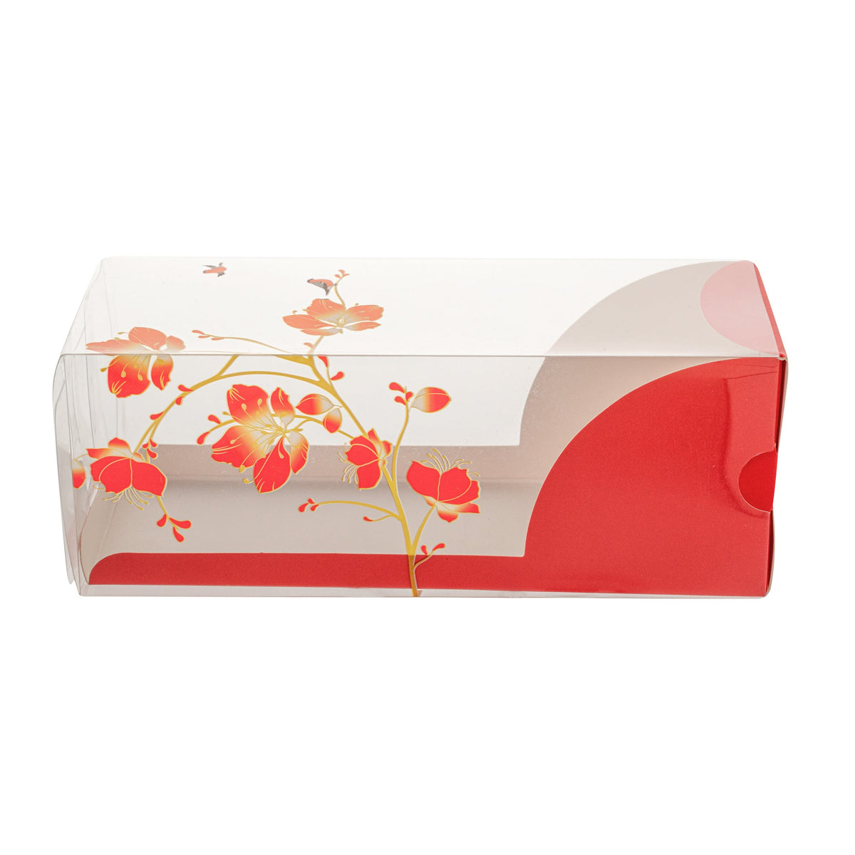 Boxes, Eclair, 7 x 2.5 x 2.5 Inch, Plastic with Paper Sleeve, Clear & Red, Rectangle, with Flower/Bird Accent,1 - 100 COUNT