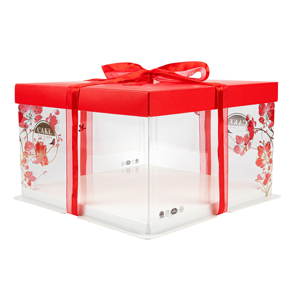 Boxes, Cake, 10 x 10 x 8.25 Inch, Square, Clear Plastic, White Base, Red Lid, Red Ribbon, Flower & Bird Accent,1 - 10 COUNT