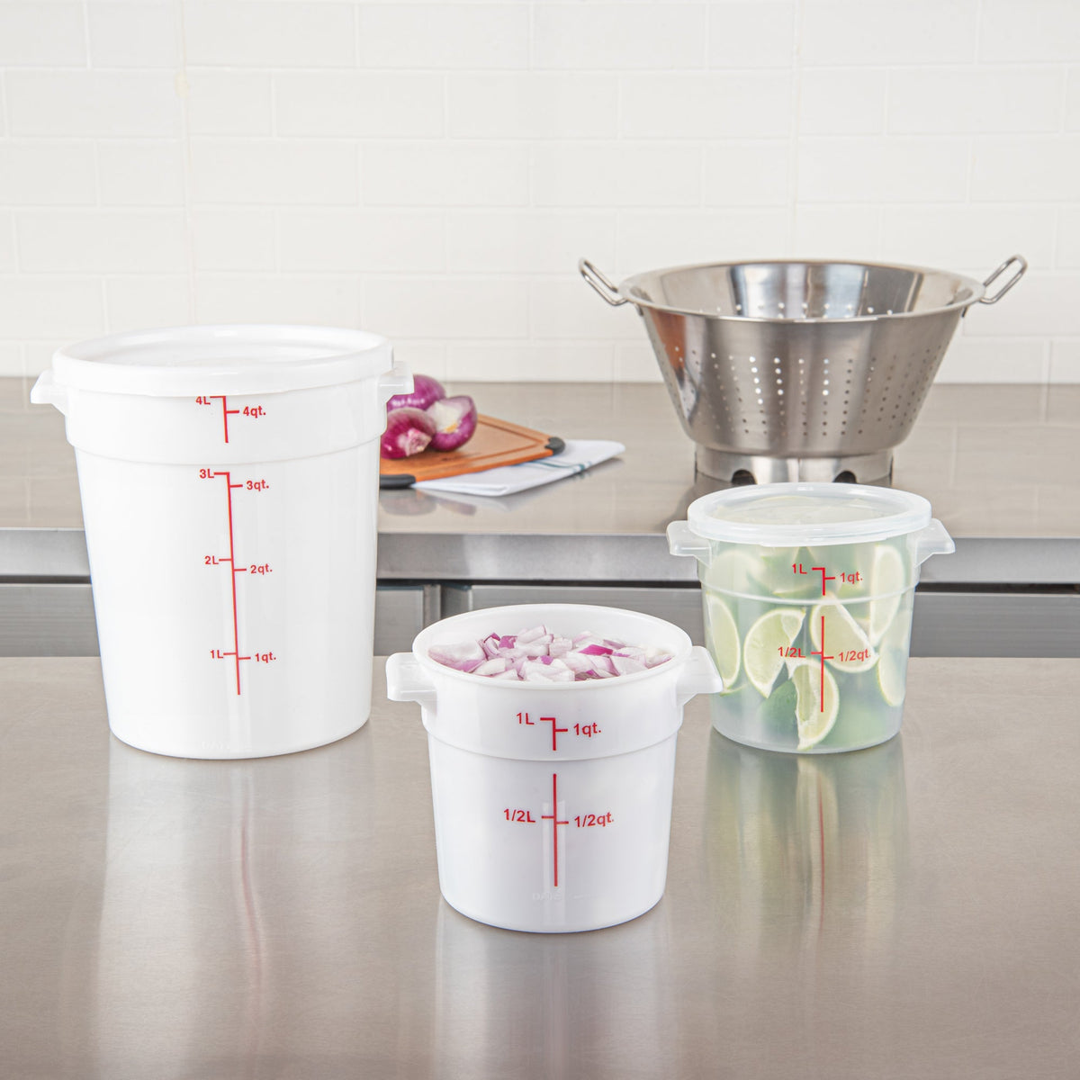 Containers, Food Storage, Met Lux 1 Quart, Round, White, 5 x 5 x 5 Inch, with Red Volume Markers,1 - 1 EACH
