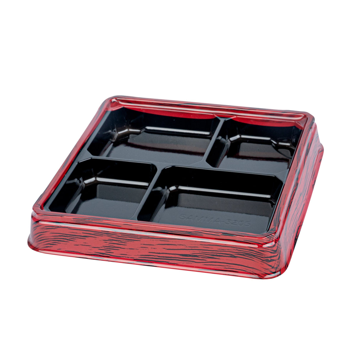 Boxes, 4-Compartment, Bento Tek 18 Ounce, Plastic, Red & Black, 8.50 x 8.50 x 1.25 Inch, Square,50 - 1 COUNT