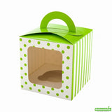 Boxes, Cupcake, 4.5 Inch, Paper, Green Polka Dot, Square, with Transparent Window & Handle,1 - 100 COUNT
