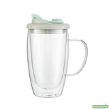 Mugs, Travel, Forma Glass, 15 Ounce, Double-Wall, Borosilicate, includes Gray & Green Lid,10 - 1 COUNT
