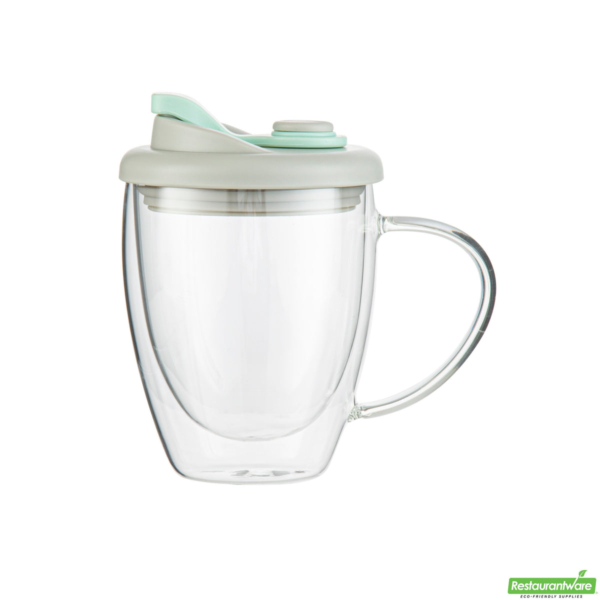 Mugs, Travel, 12 Ounce, Glass, Double Wall, with Handle & Gray and Green Lid,10 - 1 COUNT