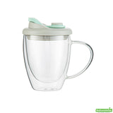 Mugs, Travel, 12 Ounce, Glass, Double Wall, with Handle & Gray and Green Lid,10 - 1 COUNT