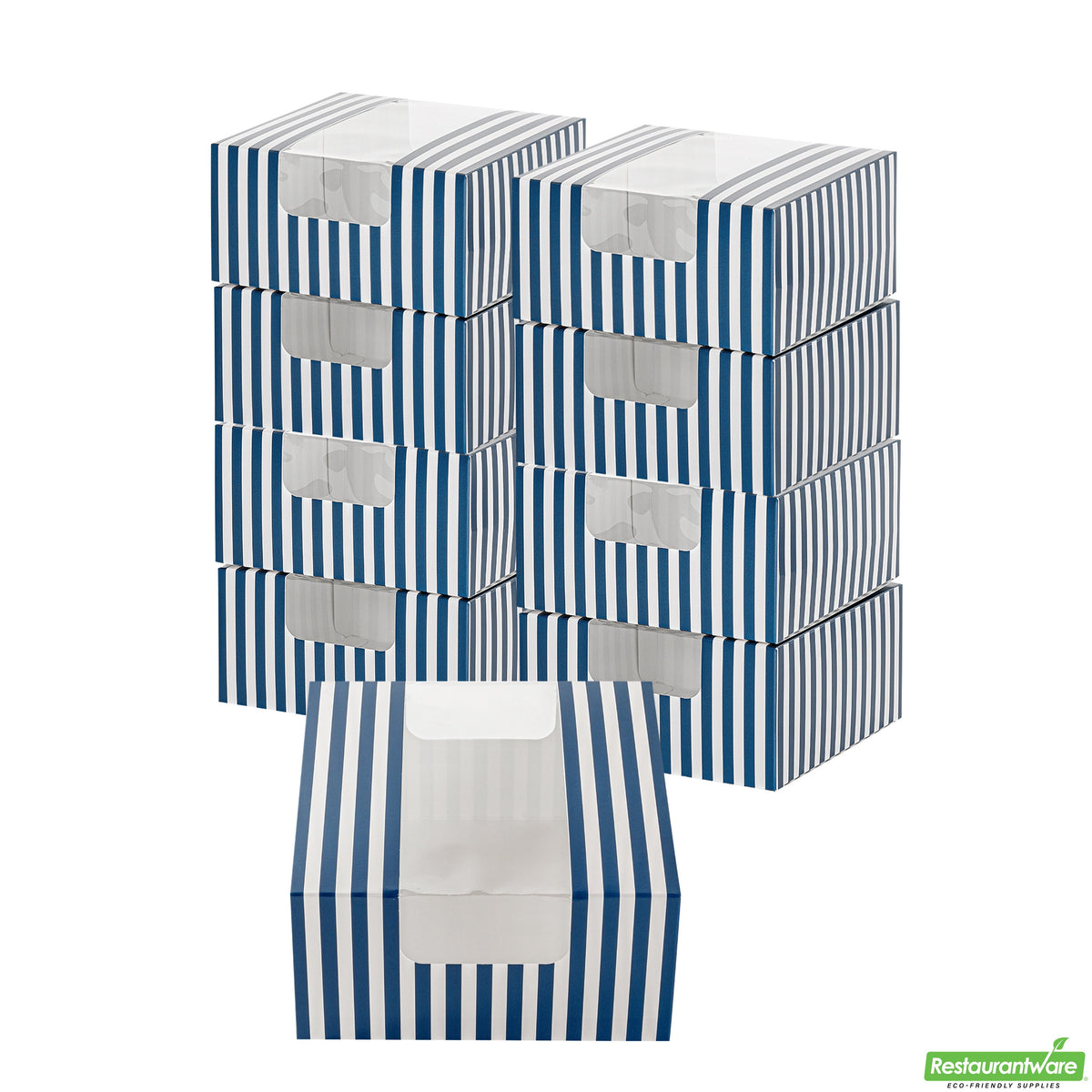 Boxes, Pastry & Cake, Pastry Tek 6.25 x 6.25 x 3.25 Inch, Paper, Blue & White Stripe, with Window,100 - 1 COUNT