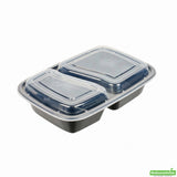 Containers, 2-Compartment, 32 Ounce-8.75 x 6 x 2 Inch, Microwavable Plastic, Black, with Lid,1 - 100 COUNT