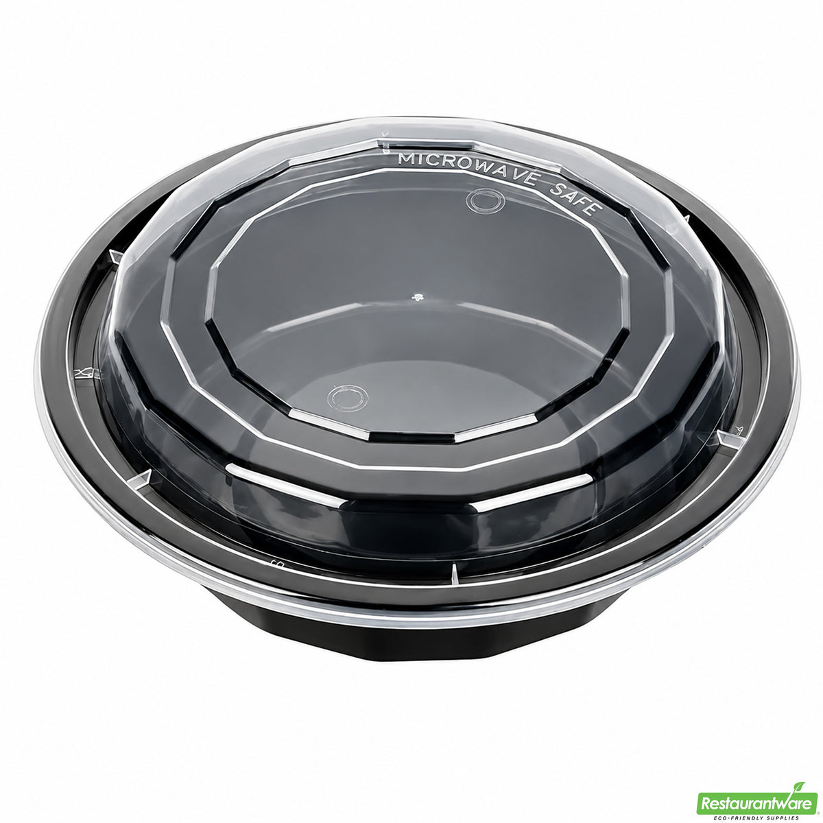 Containers, Food, 16 Ounce, Microwaveable Plastic, Black Asporto Design, Round, with Clear Lid,1 - 100 COUNT