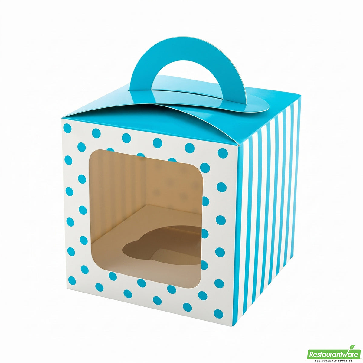Boxes, Cupcake, 4.5 Inch, Paper, Teal Polka Dot, Square, with Transparent Window & Handle,1 - 100 COUNT