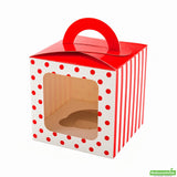 Boxes, Cupcake, 4.5 Inch, Paper, Red Polka Dot, Square, with Transparent Window & Handle,1 - 100 COUNT