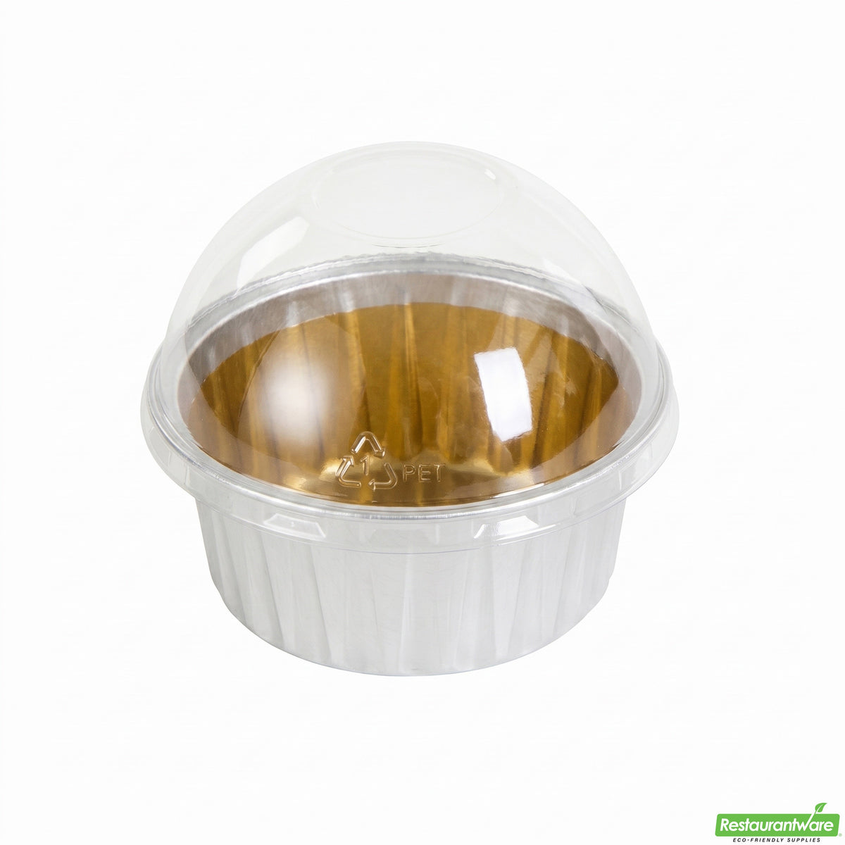 Cups, Bakery, 4.2 Ounce, Foil, Gold Inner with Clear Plastic Dome Lids, 1.9 Ounce,1 - 100 COUNT