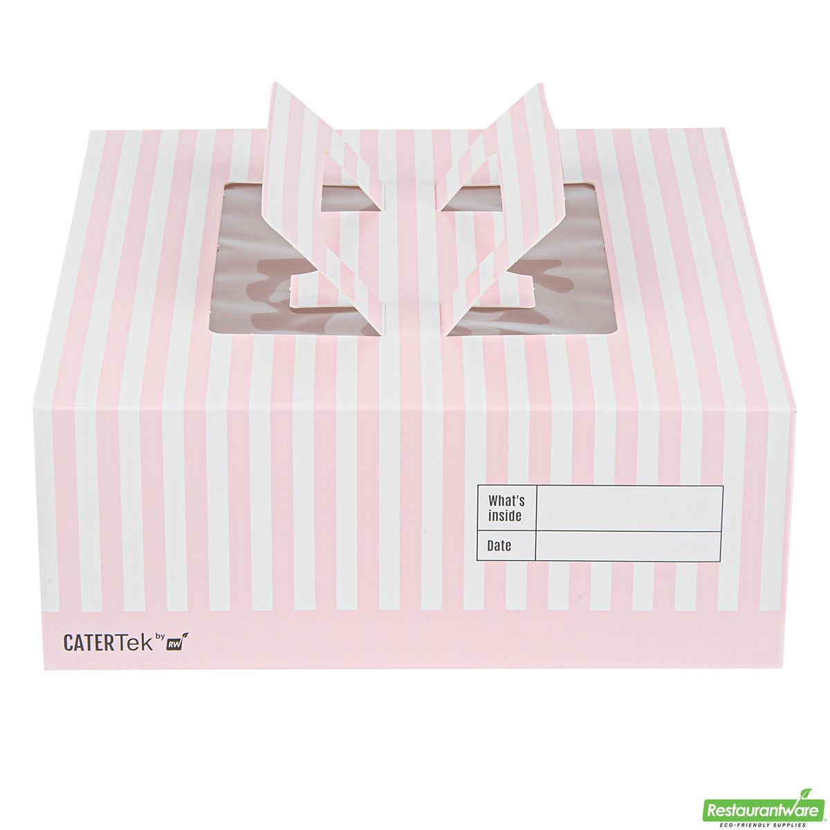 Boxes, Cake & Lunch, 9 x 9 x 3.50 Inch, Paper, Pinke & White Stripe, with Window & Pop-Up Handle,50 - 1 COUNT