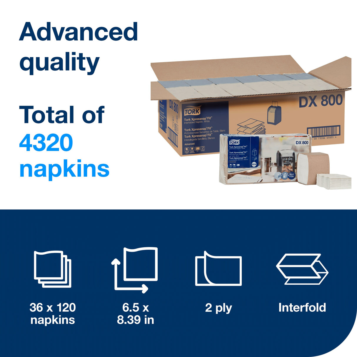 Napkins, Interfolded Dispenser, 2-Ply, White, 6.5 x 8.39 Inch,6 - 720 COUNT