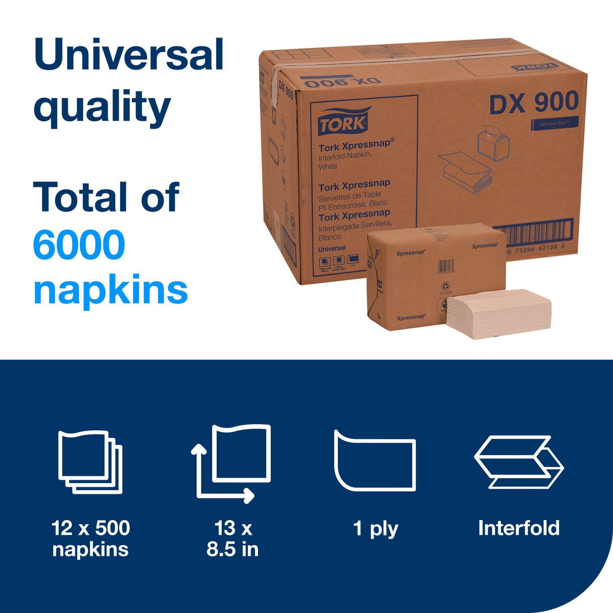 Napkins, Interfolded Dispenser, 1-Ply, White, 13 x 8.5 Inch,12 - 500 COUNT